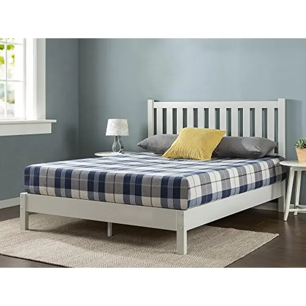 Deluxe White Queen Platform Bed Steel & Wood Frame Non-Slip Mattress Support Squeak Resistant Traditional Style 80