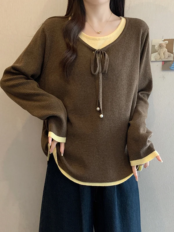 

Свободный вязаный женский базовый топ Caramel Long Sve, осень-зима, большие размеры, модный топ для молодежи