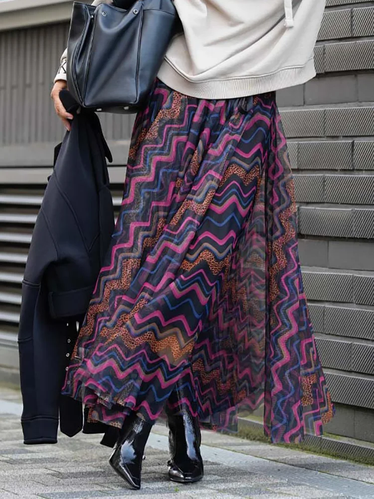 Simple Loose Printing Fashion Holiday Skirts, Women Spring Autumn Gauze Patchwork Maxi Skirts, Casual Holiday Chic Ladies Skirts