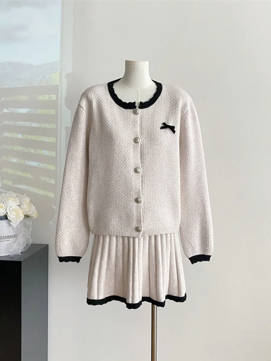 New Autumn Winter Women's Knitted Suits 2 Piece Set Korean Fashion Long Sleeve Round Neck Cardigan Sweater + Mini Skirt Outfits