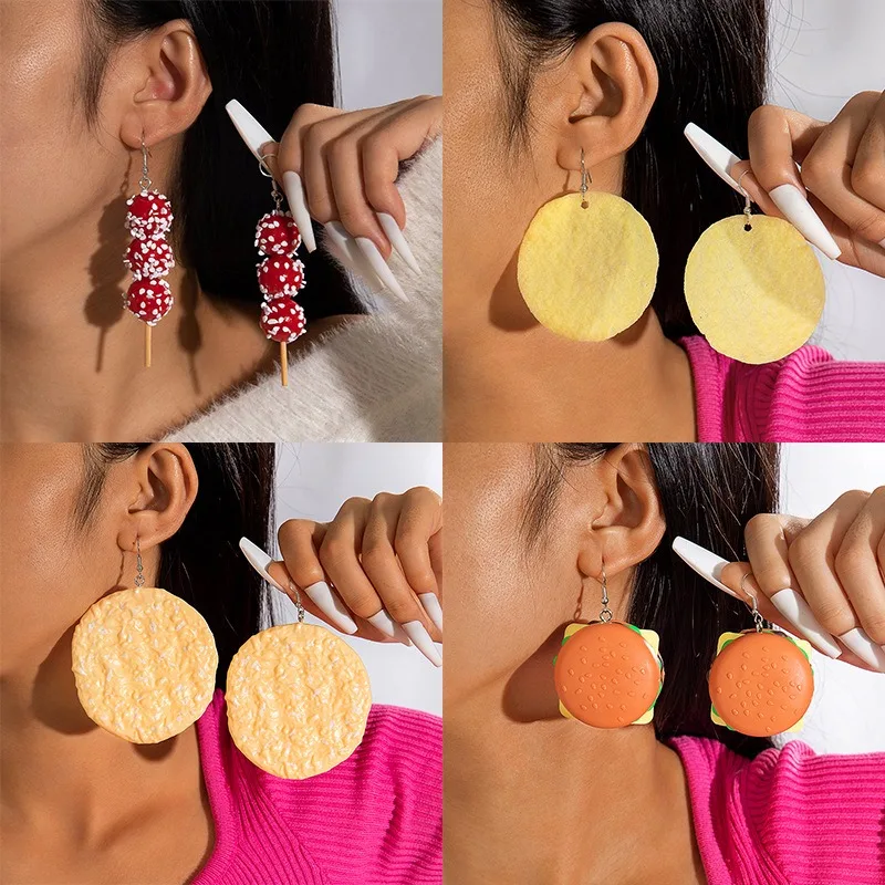 Creative Resin Burger Sugar  Calabash on Sticks Earrings Personalized Fun Simulation Food Potato Chip Earrings Female