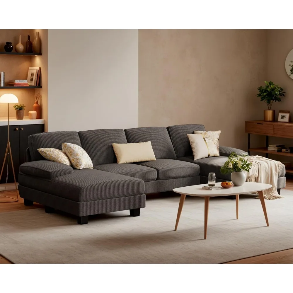 Living Room U-Shaped Modern Fabric Modular Sofa Sleeper with Double Chaise & Memory Foam (Corduroy, Deep Grey)