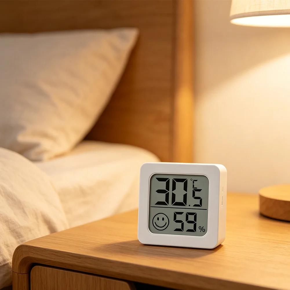 White Compact Hygrometer Thermometer with LCD Display for Indoor Monitoring 4.5x4.5x1.5cm Plastic Cheerful Face