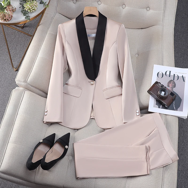 ZJYT Elegant Women\'s Blazer Pants Sets Autumn Fashion Shawl Collar Jacket Trousers Suit Office Lady Work Outfit Matching Set