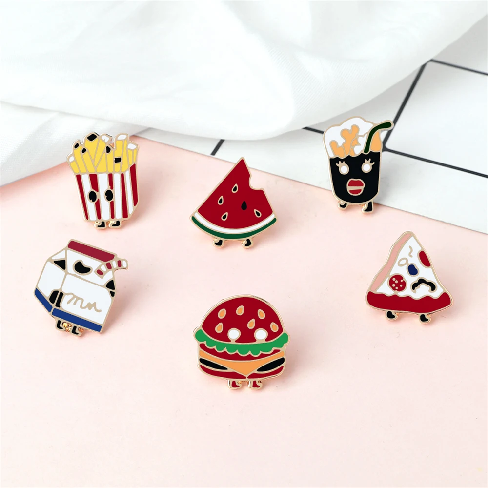 Cartoon Junk Foods Enamel Pins Cute Hamburger Pizza Cola French fries Watermelon Milk Brooch Bag Lapel Badges Jewelry Kids Gifts