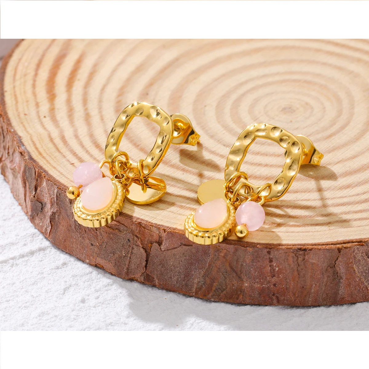 YACHAN 18K Gold Plated Stainless Steel Natural Stone Drop Earrings for Women Chic Cute Pink Charms Tarnish Free Jewelry