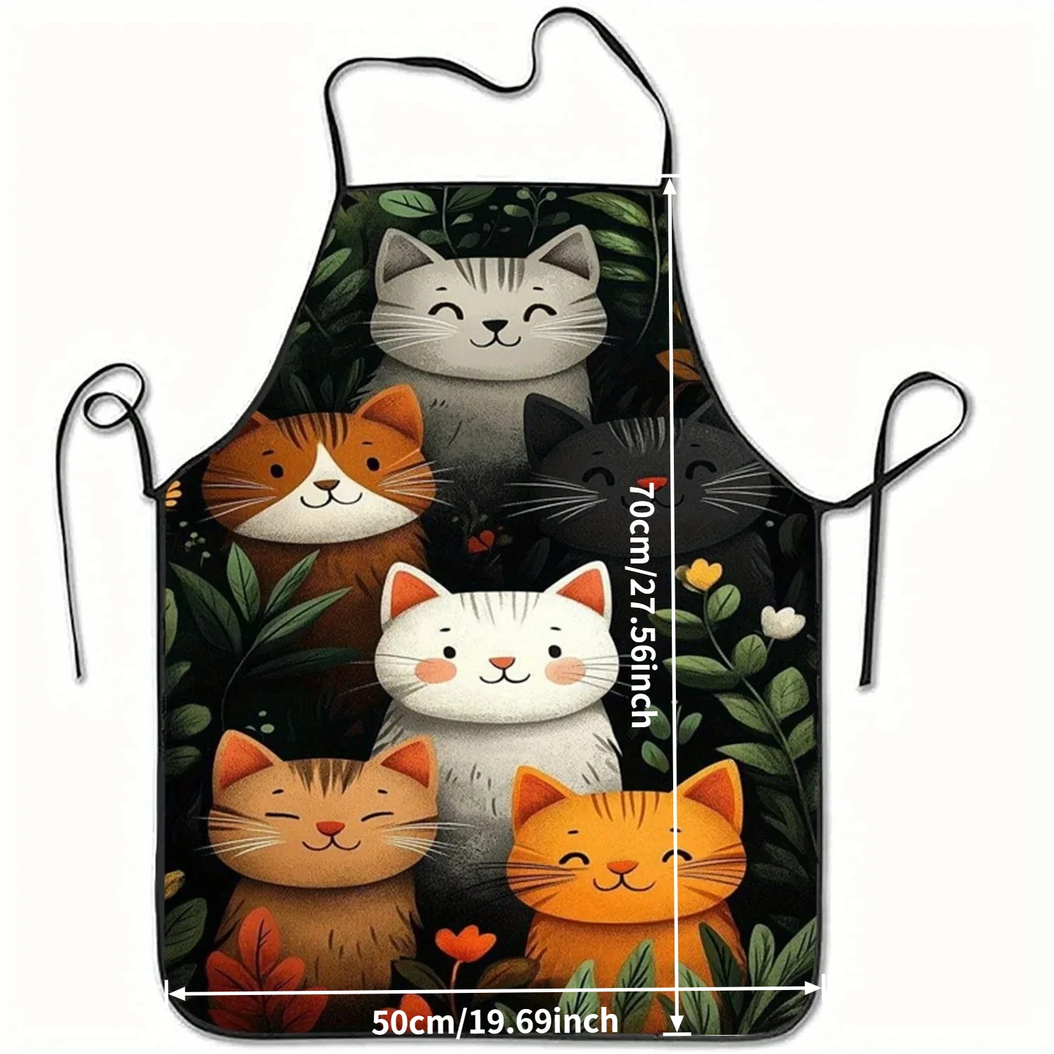 Cute Cartoon Cat Print Polyester Apron, Vibrant Hearts & Stars Pattern Kitchen Apron, Waterproof Cooking Baking Apron