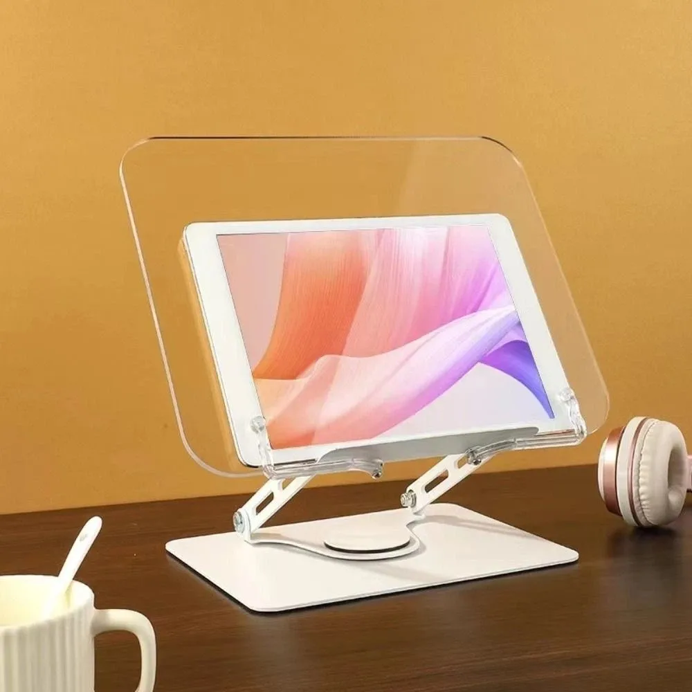 Adjustable Height Acrylic Book Stand 360° Rotating Base Elastic Page Clips Cookbook Holder Foldable Hands Free Tablet Riser