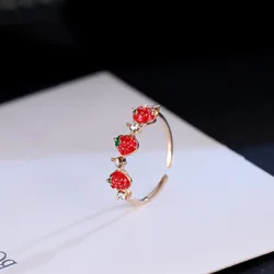 2023 Trendy Cute Sweet Red Strawberry Crystal Rings For Women Girls Korean Small Fresh Fruits Open Finger Ring Wedding Jewelry