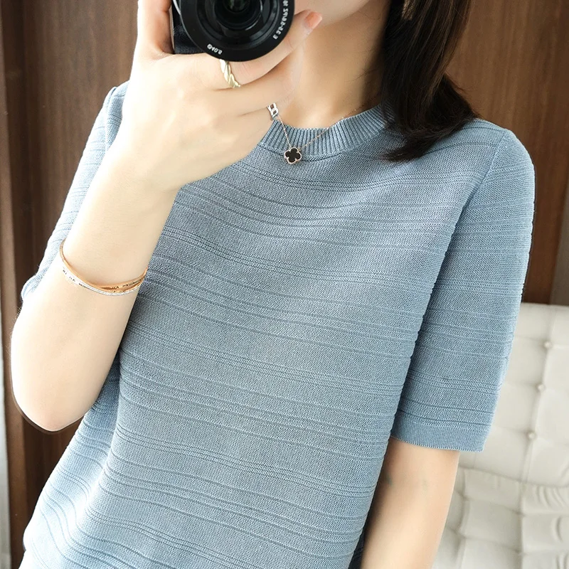 100% cotton round neck thin loose breathable pullover short sleeve 2023 summer new women\'s casual knitting half sleeve top T-shi