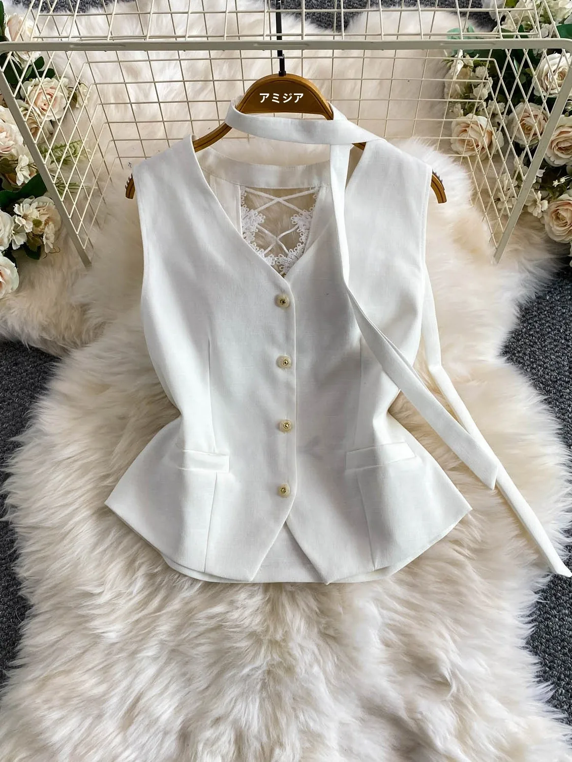 Elegant Lace Patchwork Sleeveless Vest Outerwear Women's New Style Draped Belt High-End Feeling Commute Style Loose Fit