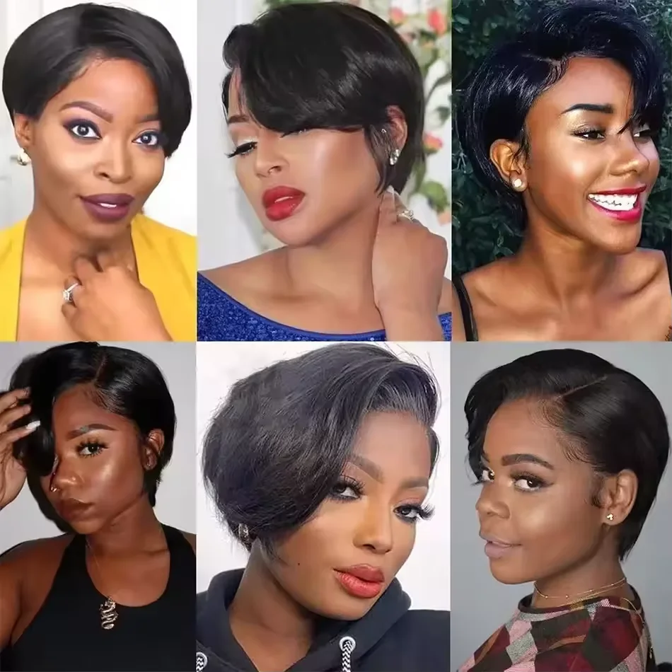 Glueless Straight Pixie Cut Human Hair Wigs Short Wig Right Part Lace Wigs Pixie Cut Wig Natural 100% Human Black Wig