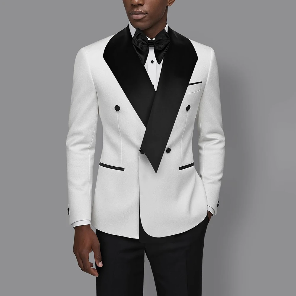 

Fashion Men's Suits Elegant Wedding White Jacket With Black Pants 2 Piece Luxury Double Breasted Male Clothing Costume Homme