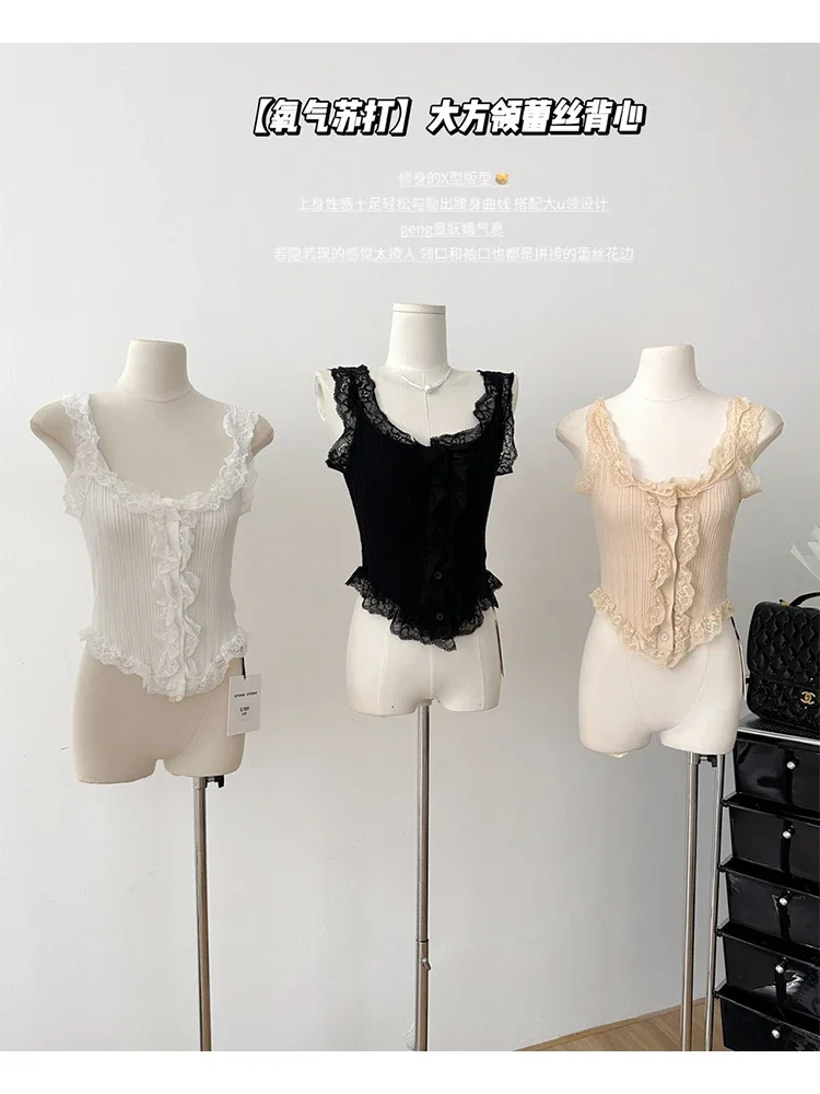 

Women's Black Crop Top Vintage Y2k Summer Lace Camisole 2000s Fashion Streetwear Corset Top Female Sleeveless Off Shoulder Vest