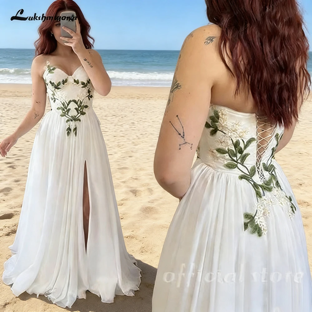 Lakshmigown Olivgrüne Blätterfarbene Frühlings-Hochzeitskleider 2027 mit Ärmeln, Plissiertem Chiffon, Waldbrautkleider nach Maß – Detail 5