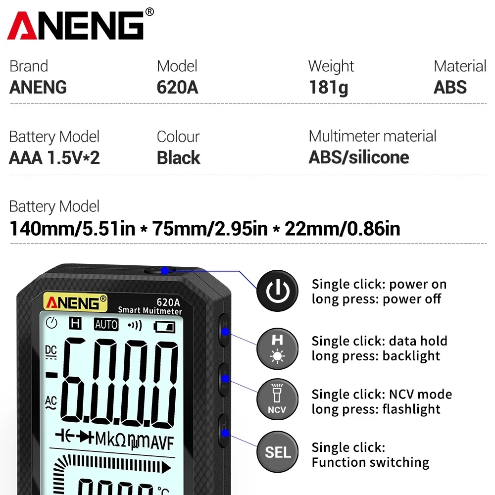 ANENG 620A Digital Smart Multimeter Transistor Testers 6000 Counts True RMS Auto Electrical Capacitance Meter Temp Resistance