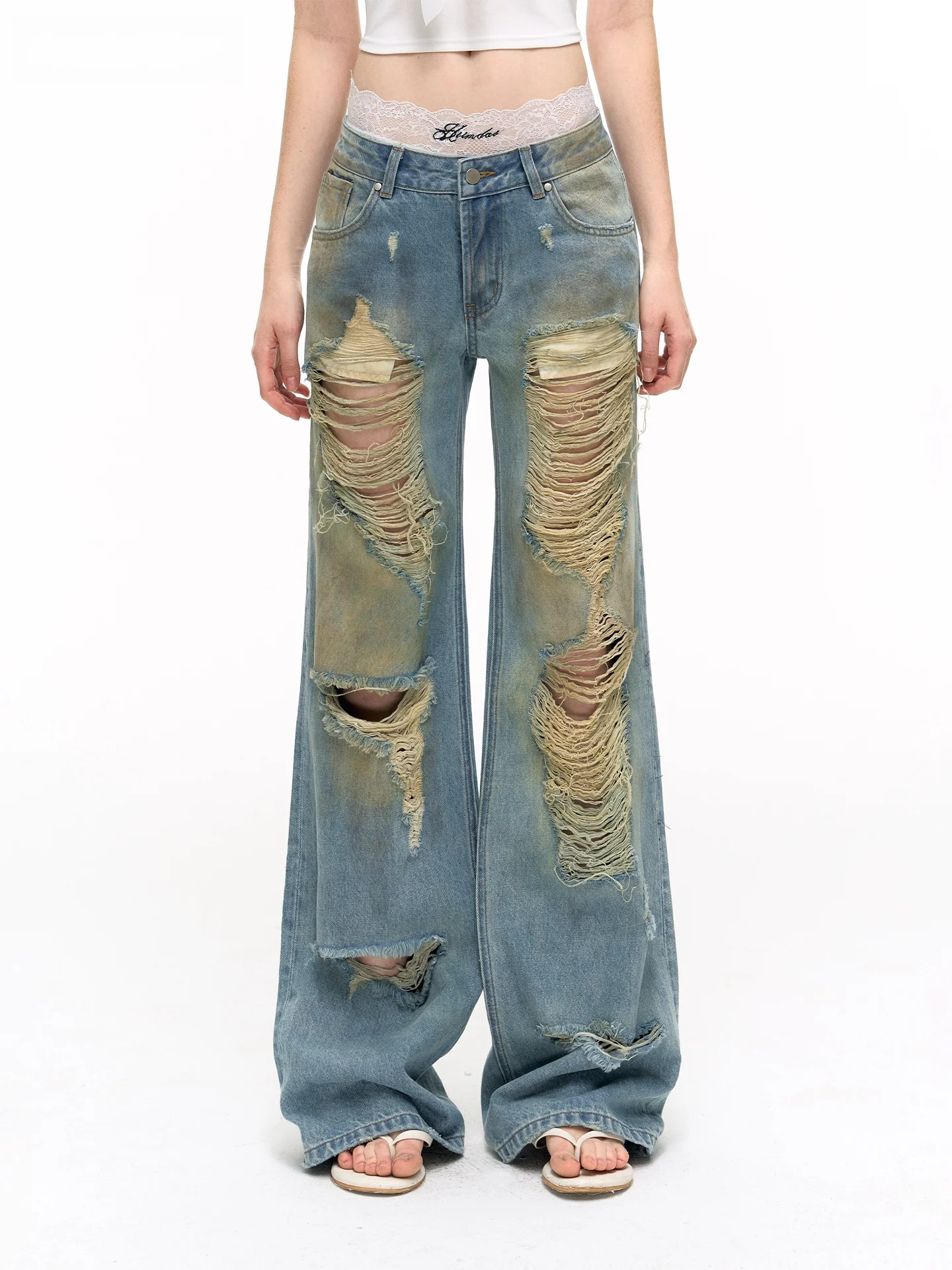

HiimDai Angel Brand Vintage Washed Ripped Denim Pants Low Waist Wide Leg Jeans Summer Breathable Soft Cotton Blend