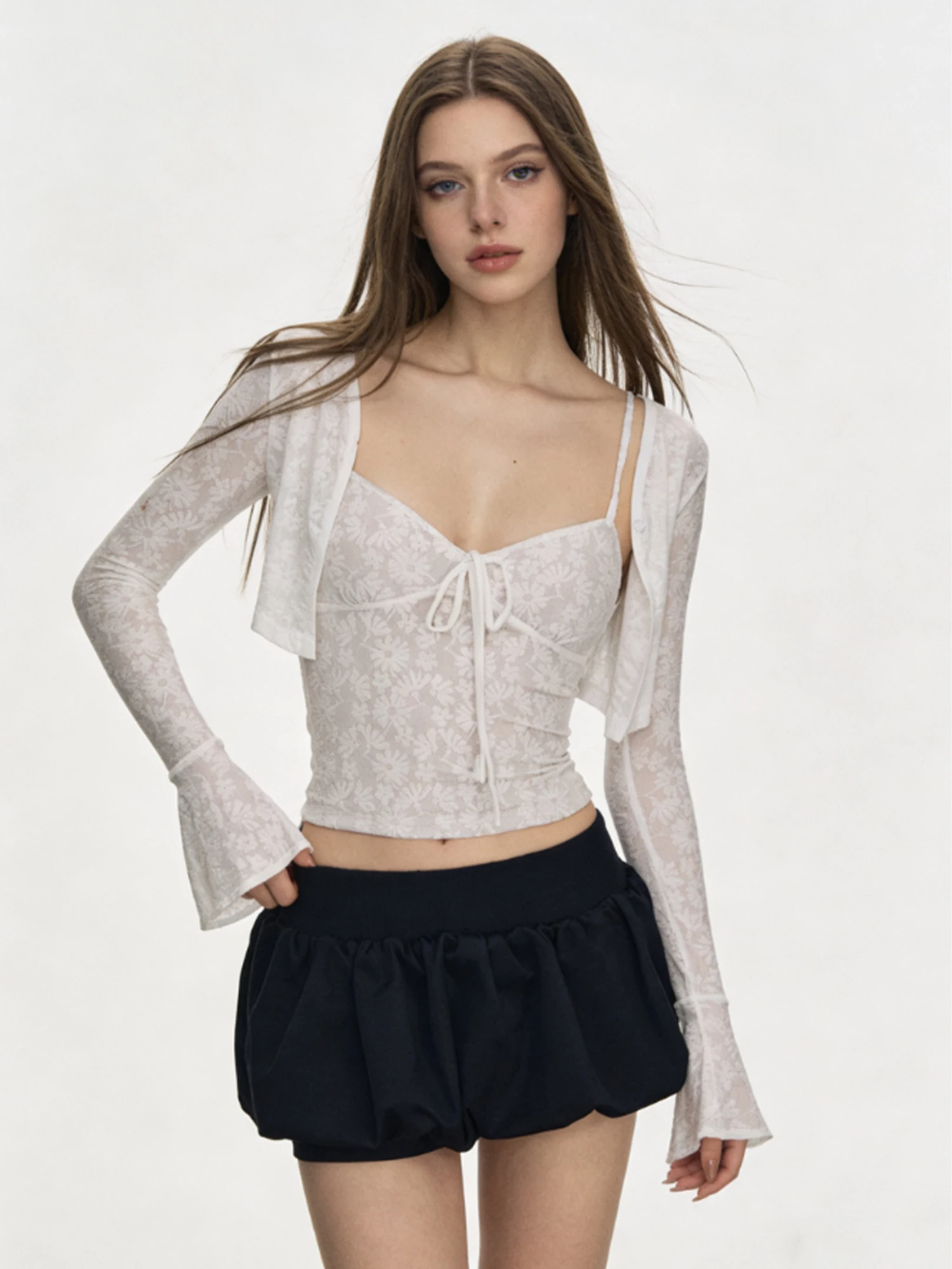Women White Lace Long Sleeve Cardigan & Camisole Knit Two-Piece Set Vintage Slim Fit Long Sleeve Top Set for Women Spring Summer