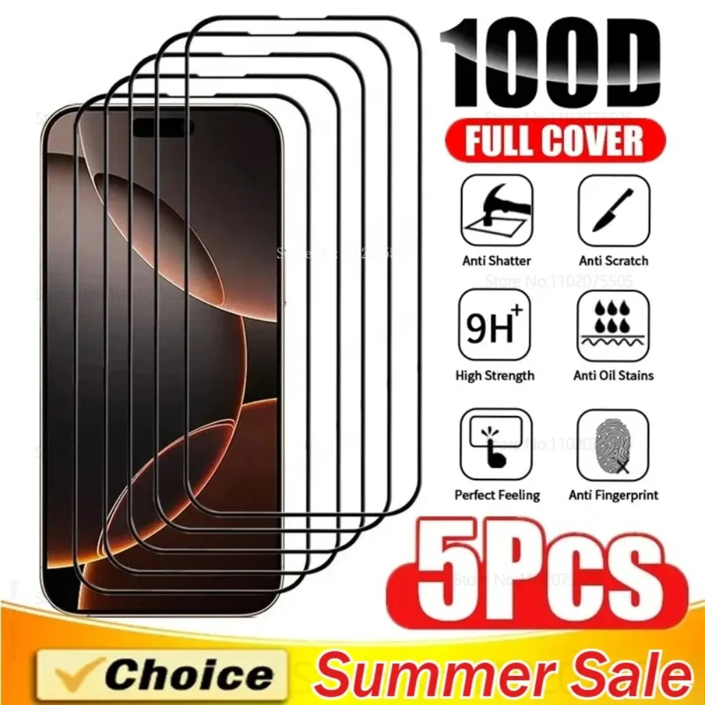5 Stück schwarze Rand gehärtetes Glas für IPhone 16 Promax 14 15 Plus 12 11 Promax HD Displayschutzfolie 16E 17 Promax 12 13 Mini