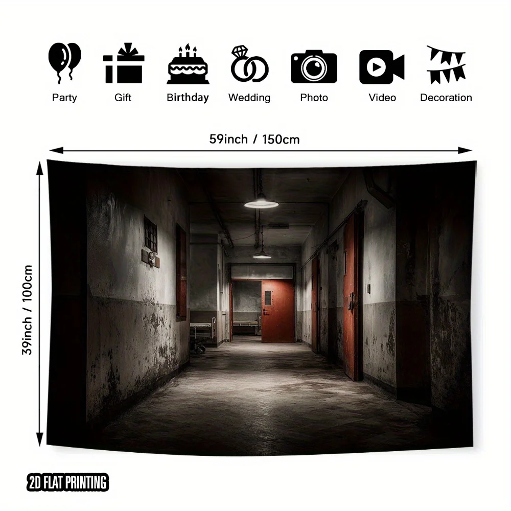 Un bannière de fond de couloir d'hôpital abandonné d'Halloween - Décoration murale en tissu polyester durable, ornement d'Halloween