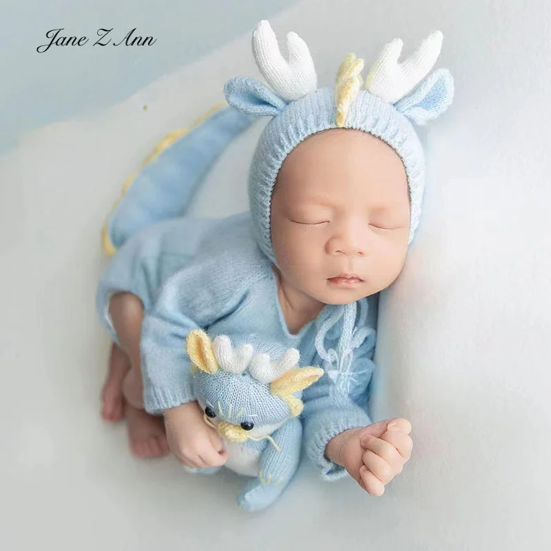 Newborn baby photo props infant dragon year costume blue knitted hat +long sleeve bodysuit doll studo shooting