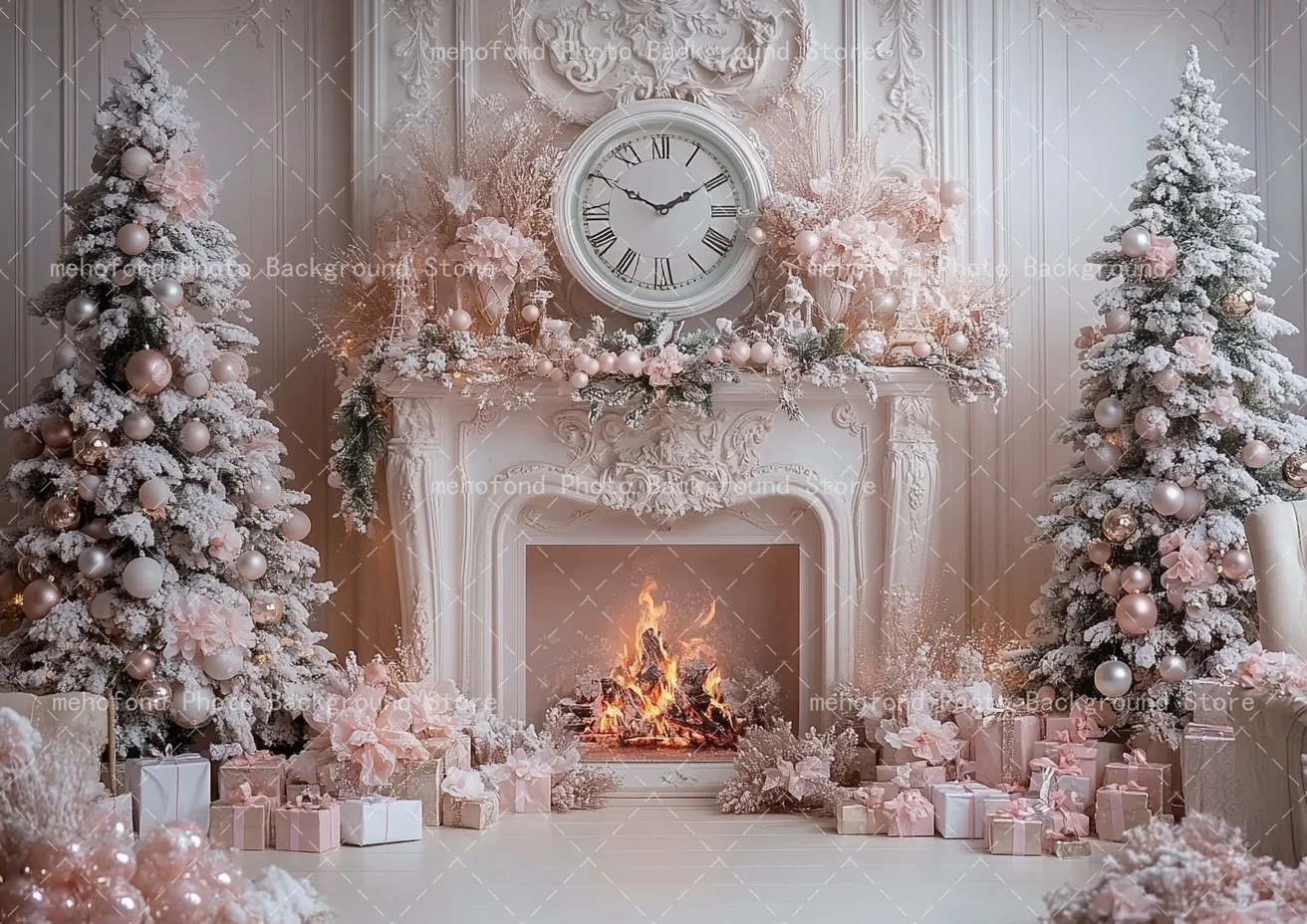 Mehofond Photography Background Christmas Tree Retro Wall Fireplace Pink Ball Ornament Clock Kid Family Portrait Backdrop Decor