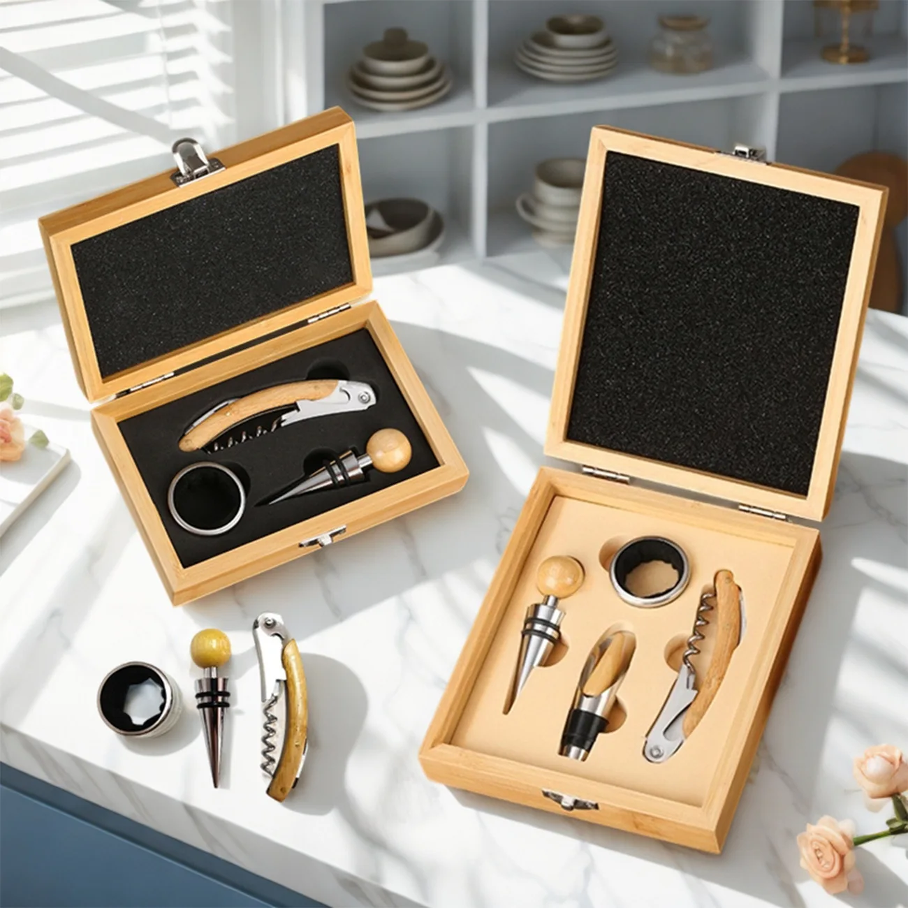 

Набор открывалки для вина в бамбуковой коробке — штопор из нержавеющей стали с открывалкой Ah-So, трансграничный