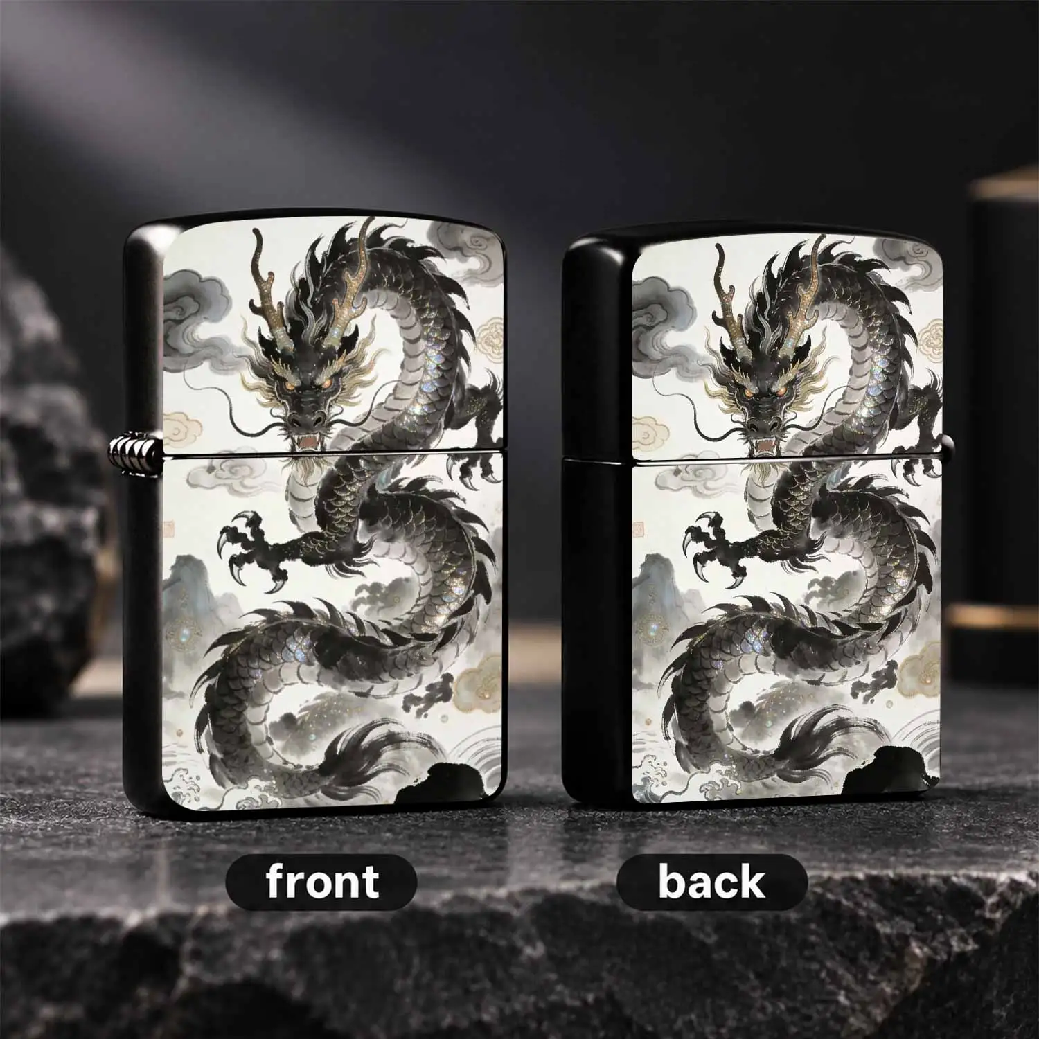Traditional Eastern Style Ink Painting Black Dragon Pattern Lighter, Auspicious Cloud Mythical Themed Portable Igniter, Elegant Decorative Practical Accessory For Daily Use Gifting Scenes, Exquisite Auspicious Pattern Design A Humorous And