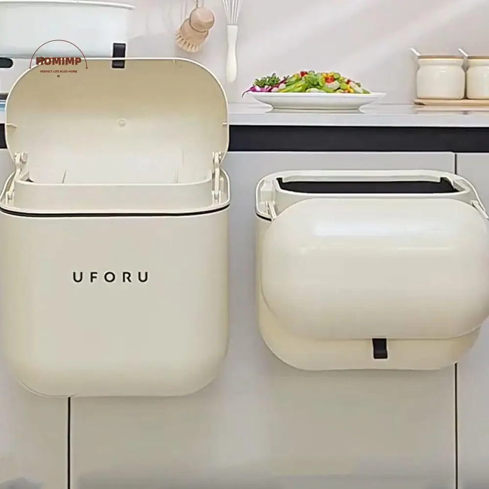 

9L/12L Capacity Kitchen Trash Can Wall Mounted Plastic Hanging Trash Can No-Drill Mount Cream Colored Waste Bin Dormitory