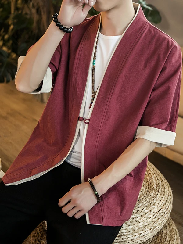 

Летняя мужская хлопково-льняная одежда ort Sve Five-Point Loose Retro Sle Zen Clothing Пальто V-Ne Верхняя одежда на одной пуговице Jaet