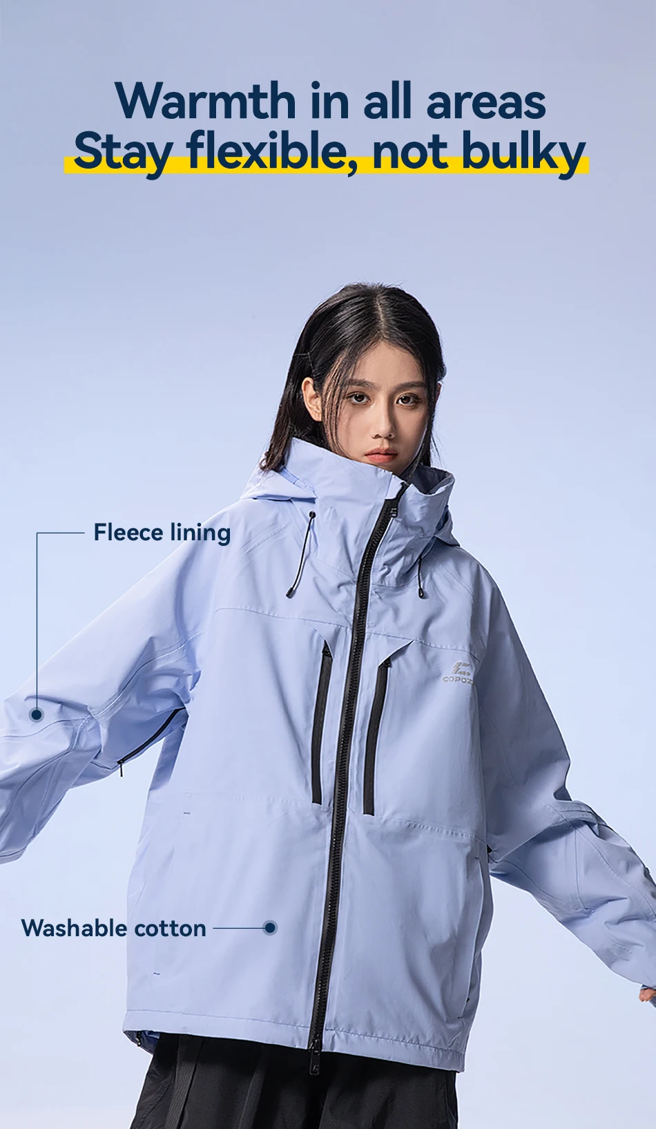 COPOZZ Verdickte 3L Skijacke für Herren und Damen, winddicht, wasserdicht, Winter-Ski-Mantel, Skibekleidung, einfarbig, mit Kapuze, warmer Snowboard-Skianzug – Detail 9