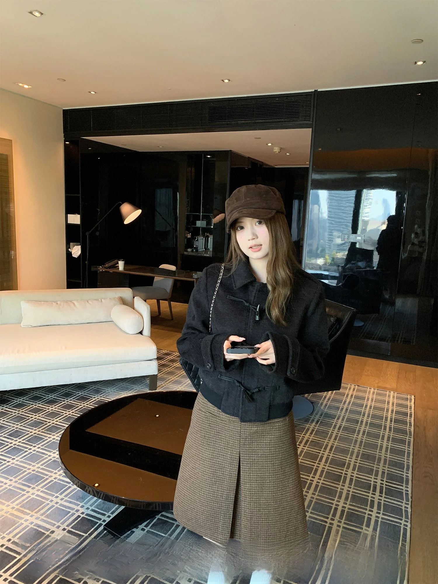 

Amber Inn ort Woolen Jaet for Women Bla Autumn Winter Faion Girl Sle Button Design Stand Fit Ladies Coat