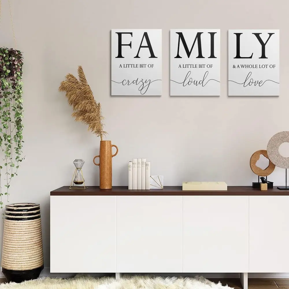 GUBIYU ديكور حائط منزلي للعائلة، لوحة فنية جدارية لغرفة المعيشة مكونة من 3 مطبوعات قماشية ملهمة بإطار أبيض وأسود من القماش الفني P