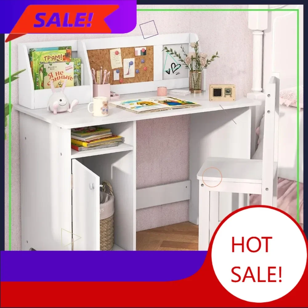 

Hot salesKids Desk and Chair Set with Storage, Whiteboard, Bookshelf - Ergonomic Study Table for Home School