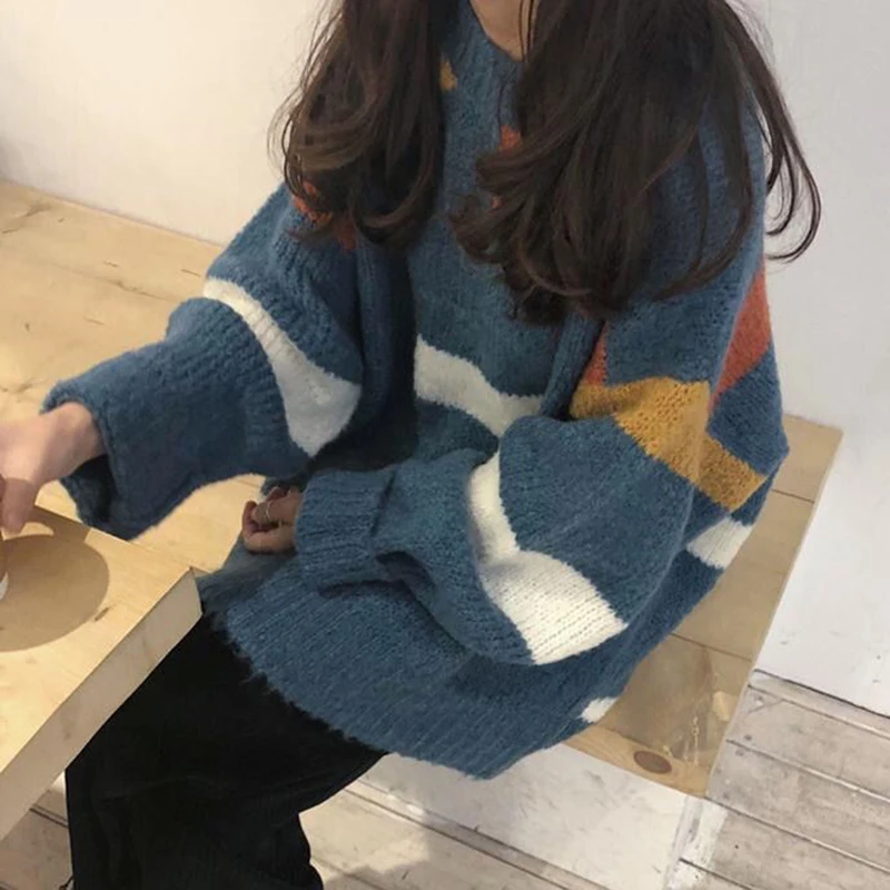 Harajuku Knitted Sweater Women Korean Patchwork Striped Loose Mid Length Pullover Fashion Casual Preppye Style Retro Sweater New