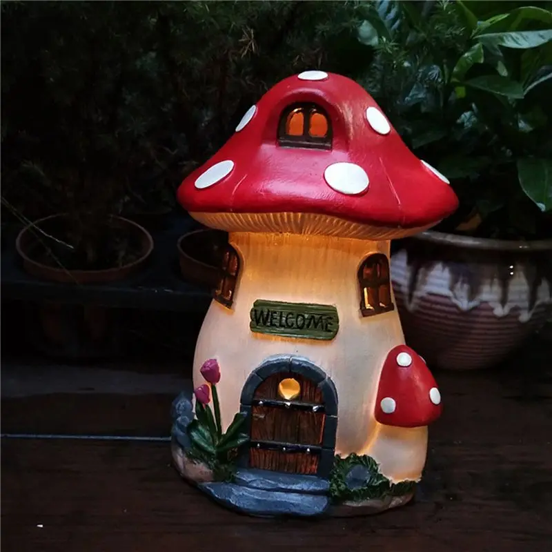 A25F-2X Mushroom House Solar Lamp Resin Craft Gardening Garden Miniature Fairy Landscape House Decoration Ornament