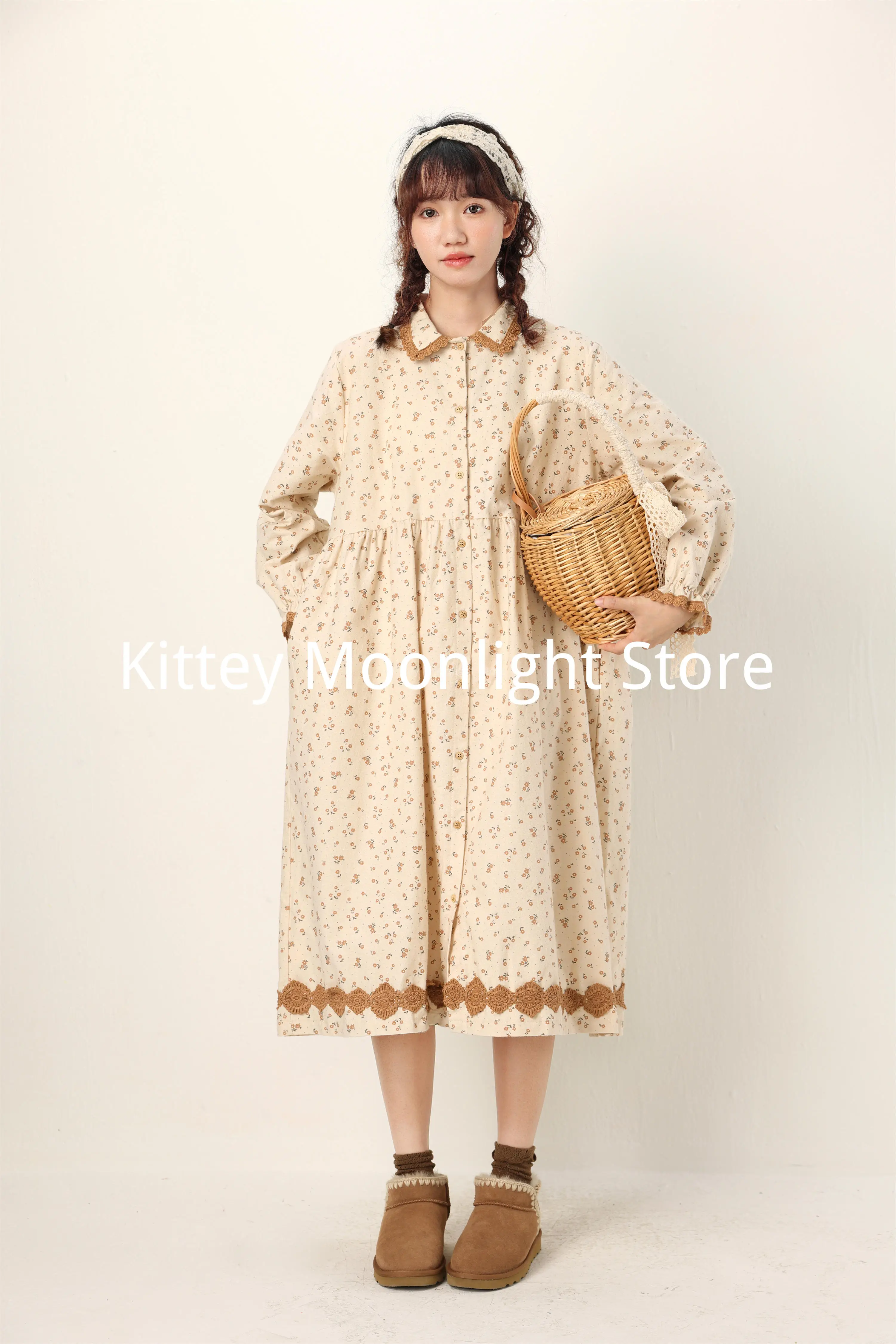 Mori Girl Floral Cotton Linen Dresses Women Japan Vintage Embroidered Lace Doll Collar Long Sleeve Vestido Loose Female Dress