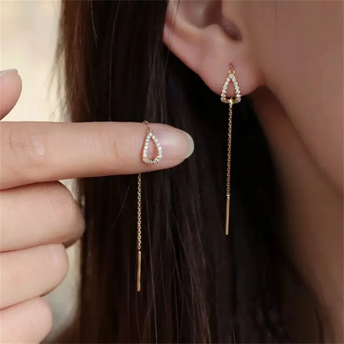 Simple Gold Color Water Drop Long Tassel Earrings For Women Korean Fashion Rhinestone Waterdrop Ear Line Dangle Earring Jewelry