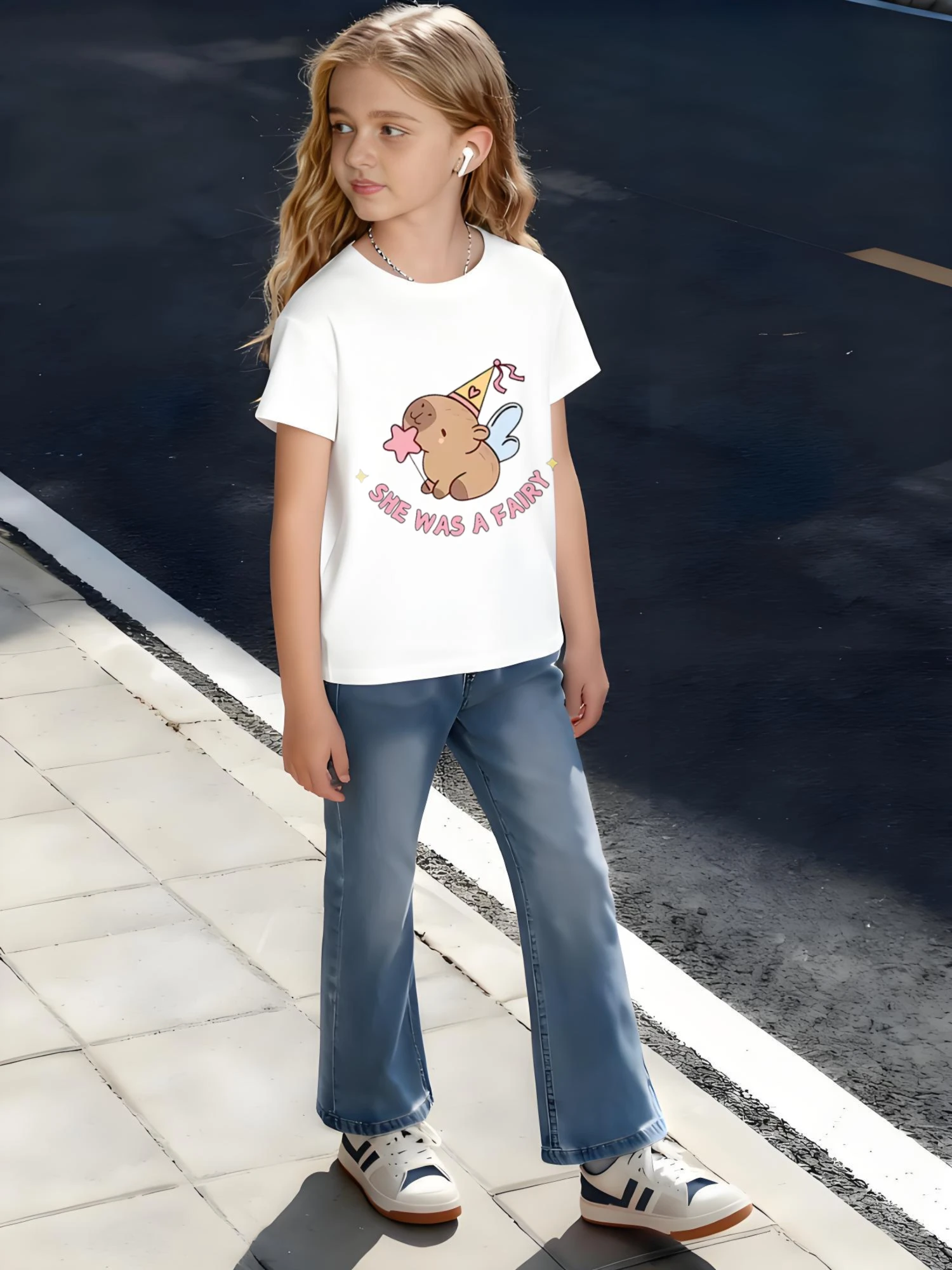 

Children's Cotton T-Shirt SHE WAS A FAIRY Text with Capybara Magical Creature Fantasy Design for Boys Girls Enchanted Theme