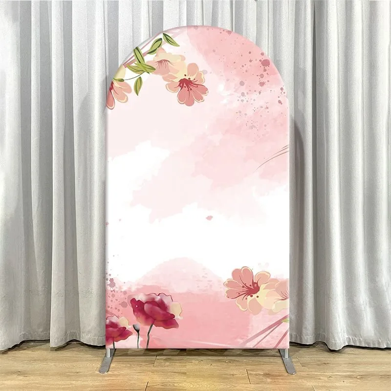 Single Side Arch Backdrop Cover Elegant Pink Tile with Lemon Floral for Bridal Shower