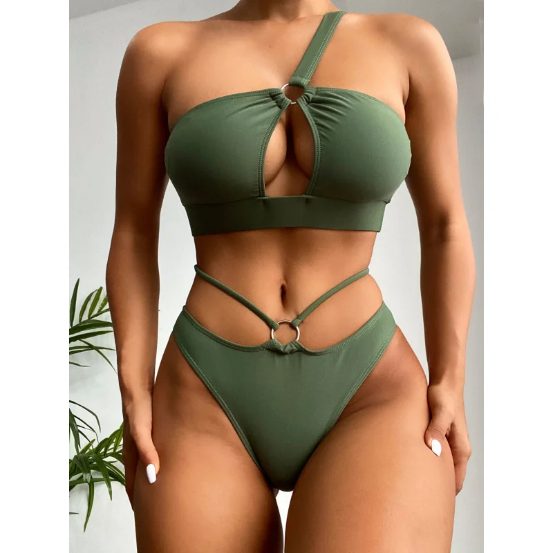 2022 Foreign Trade Swimsuit Bikini European and American Swimsuit Ring One Shoulder Split Swimsuit Bikini Lz653