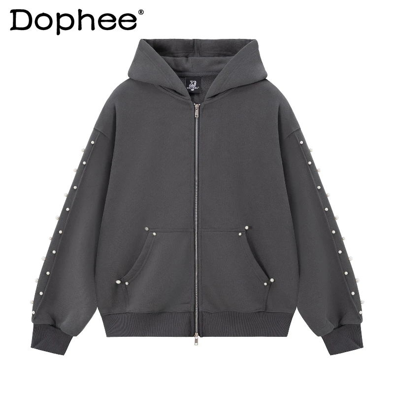 

Мужские свободные толстовки с капюшоном из бисера для мужчин и женщин, осень 2022, новые ретро уличные толстовки на молнии, однотонные куртки с длинными рукавами