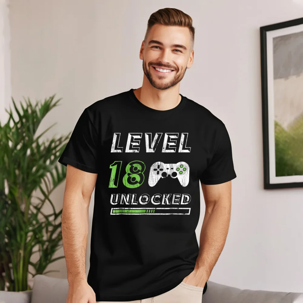 100% Cotton Normal Tees Latest Short Sleeve Mens T-Shirt Level 18 Unlocked 18 Year Casual Lovers Day Tshirts Round Neck