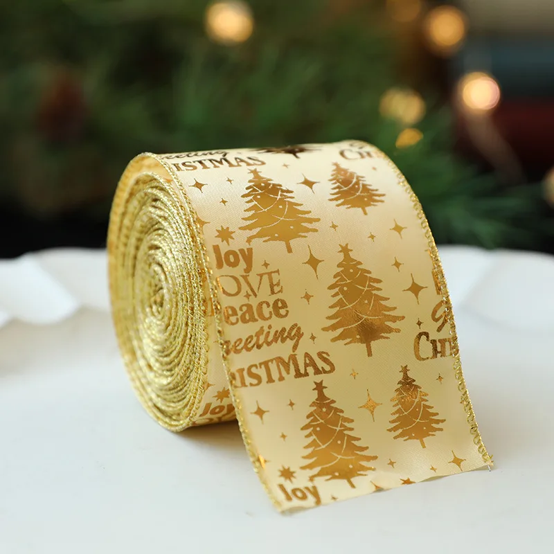 Christmas Wire Ribbon Width3.8cm/5cm/6.3cm Christmas Wire Cuffed Ribbon Gold Powder Decorative Bow Length 2m For Gift Wrapping