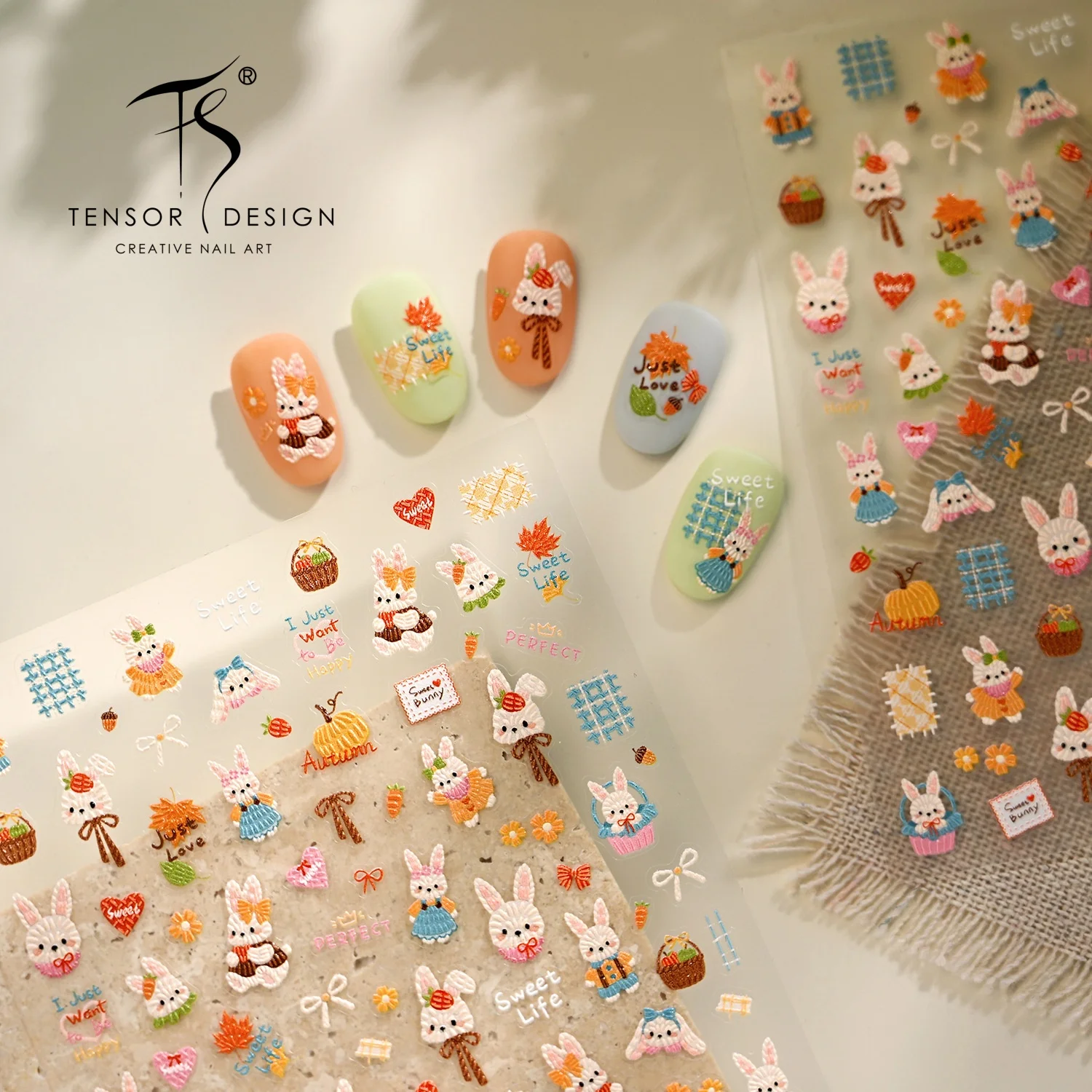 

3D Embossed Embroidery Bunny Nail Stickers, Self-Adhesive Nail Art Decals, Cute Autumn Pumpkin and Carrot Designs, DIY Nail Art