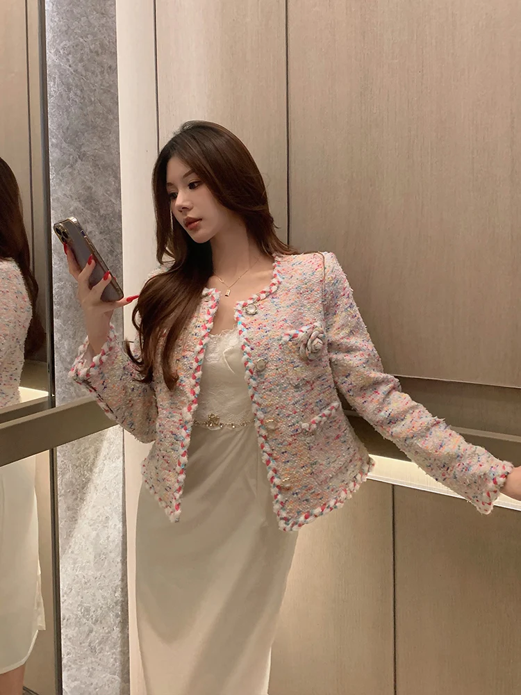 

Camellia ort Coat Women's High-End Faion Tweed Open Cardigan Top Autumn Winter New Sle Slim Fit round Ne Button