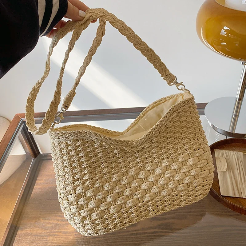 

Hot Selling 2024 New Women's Bag High Quality Straw Knitted Large Capacity Zipper Summer Beach Party Shoulder Bag 여자 가방