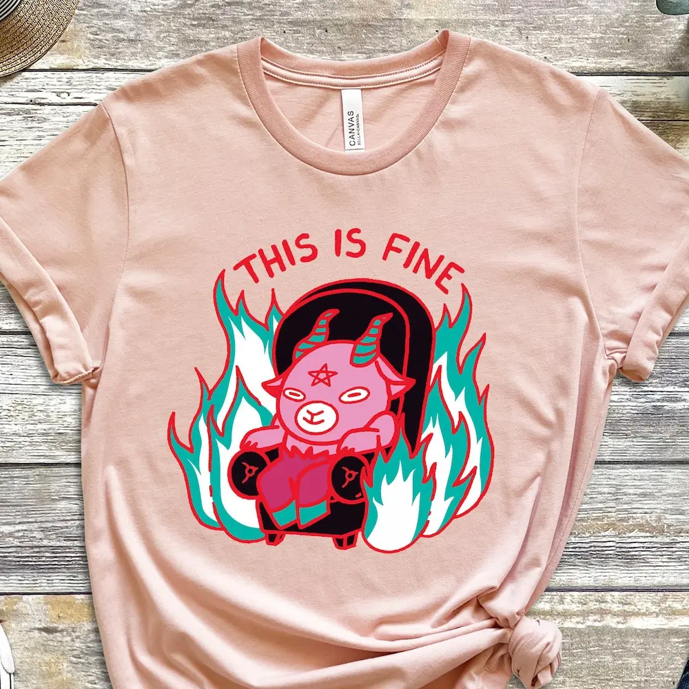 This Is Fine T Shirt Goat Devil Satan Spooky Cute S Illustration Sin