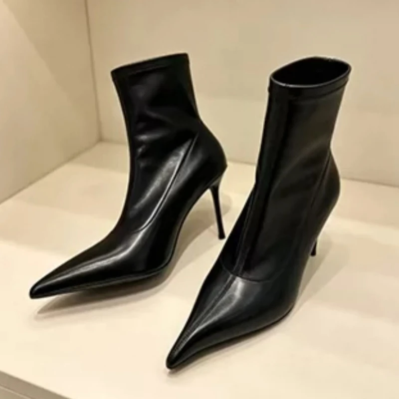 Sexy Pointed Toe Thin High Heel Stretch Ankle Boots for Women Fashion Slip on Leather Short Booties Ladies Party Evening Heels