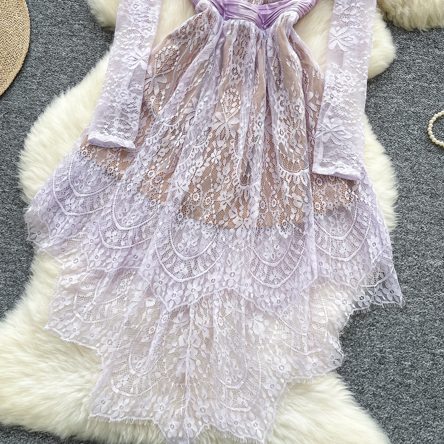 エレガントなヴィンテージ風長袖アシンメトリーレースフェアリーコアドレス、イブニング、ハイストリート、秋服、セレモニードレス